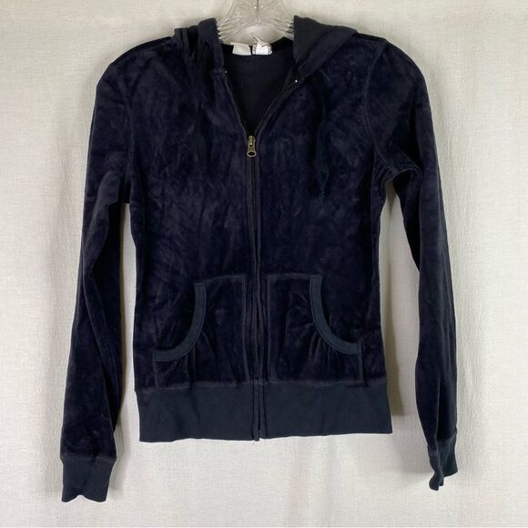 SO Black Velvet Velour Zip Up Track Suit Hoodie Pockets Small Y2K - Picture 2 of 4